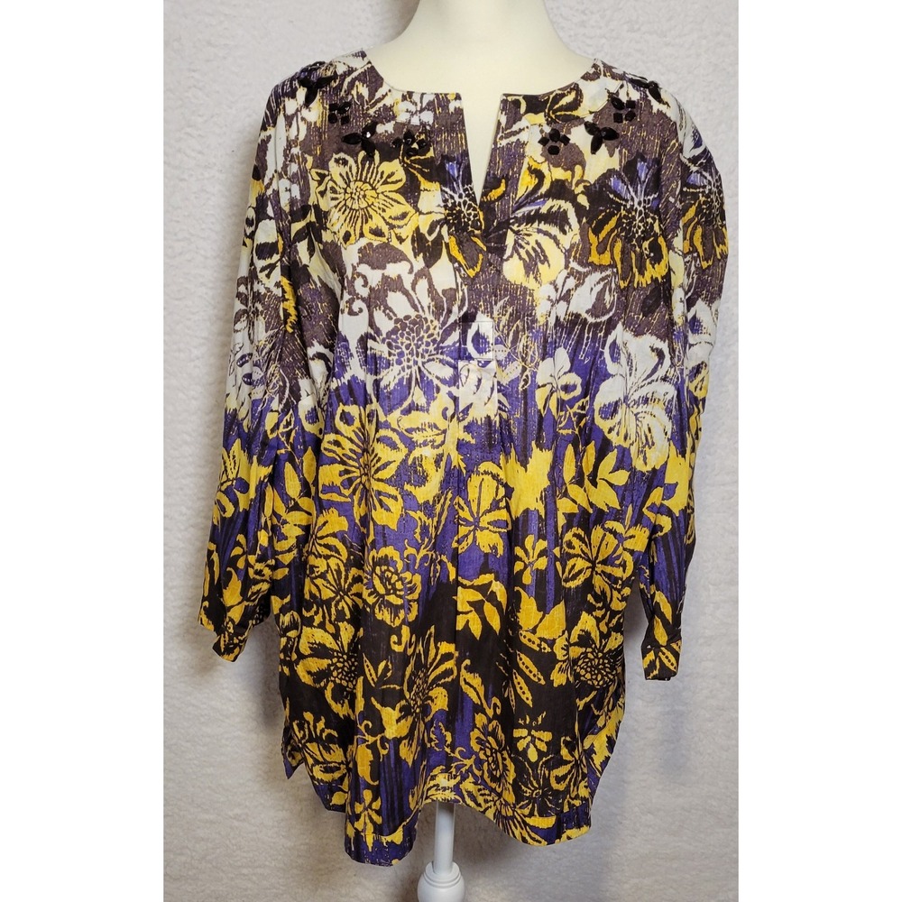 Evan Picone Woman Blouse Top Size 22W Shirt Floral Boho 3/4 Sleeve Pullover 1181